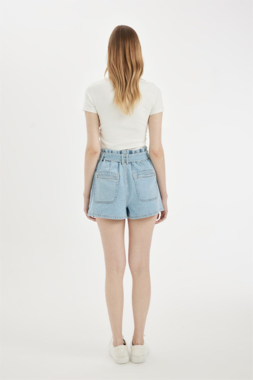 Kadın Açık Mavi Paperbag Yüksek Bel Jean Şort