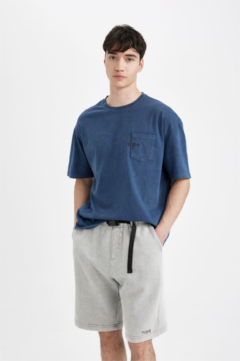 Erkek İndigo Boxy Fit Bisiklet Yaka Baskılı Kısa Kollu Tişört