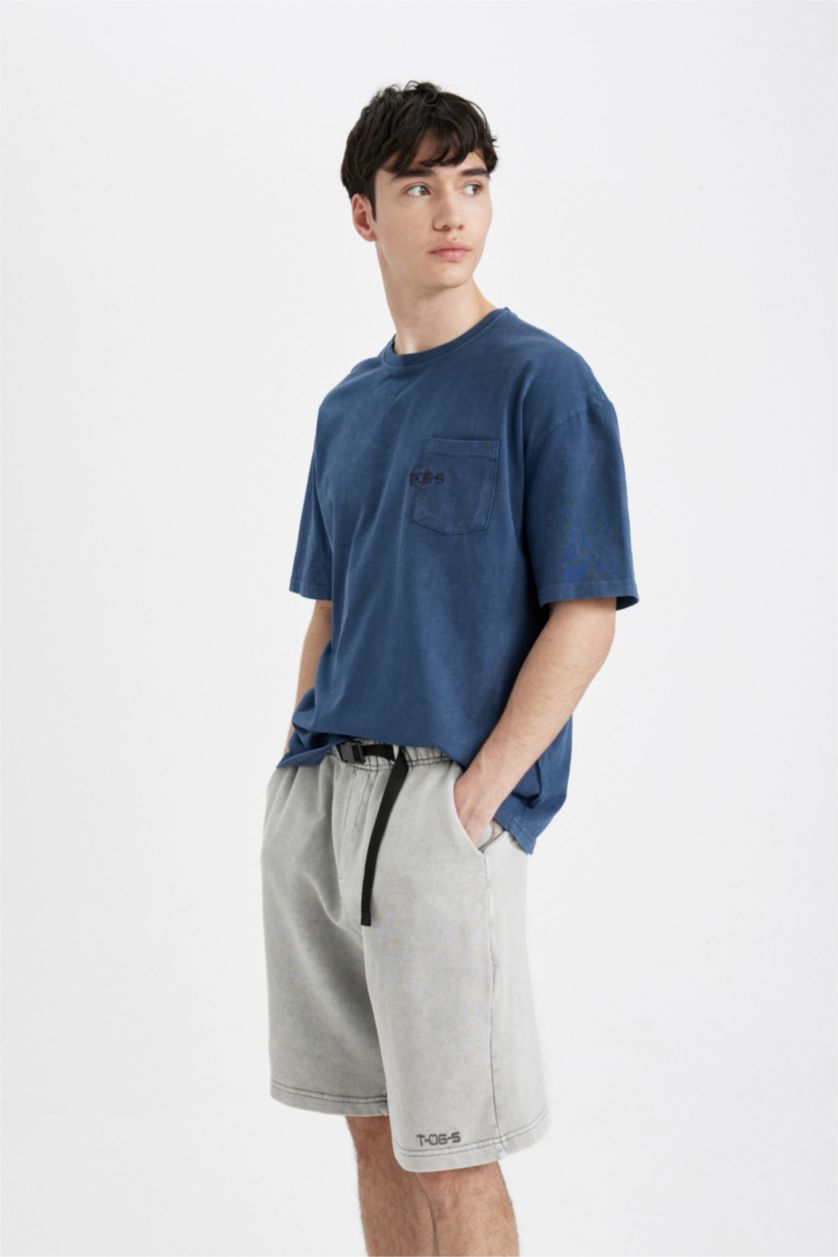 Erkek İndigo Boxy Fit Bisiklet Yaka Baskılı Kısa Kollu Tişört