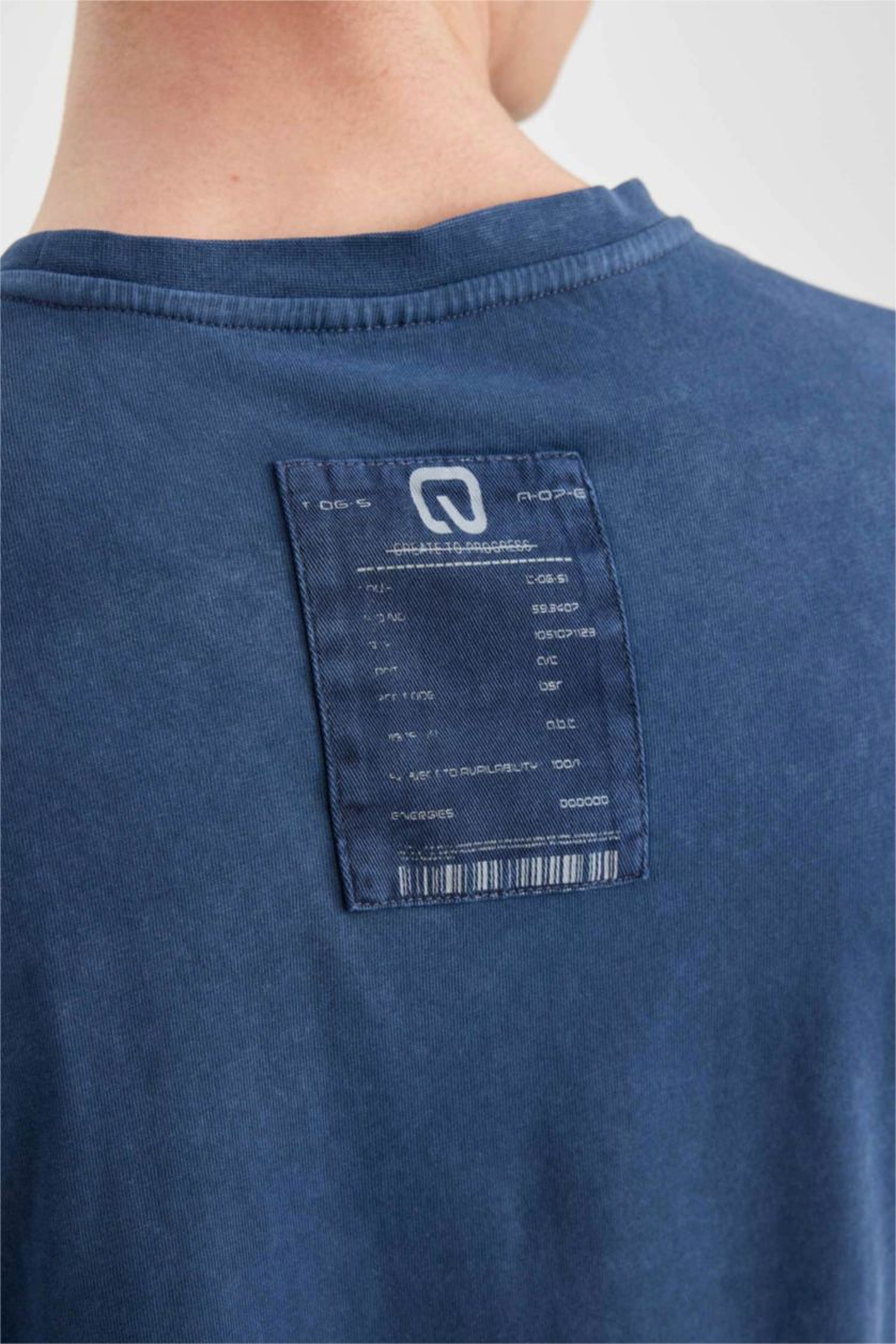 Erkek İndigo Boxy Fit Bisiklet Yaka Baskılı Kısa Kollu Tişört