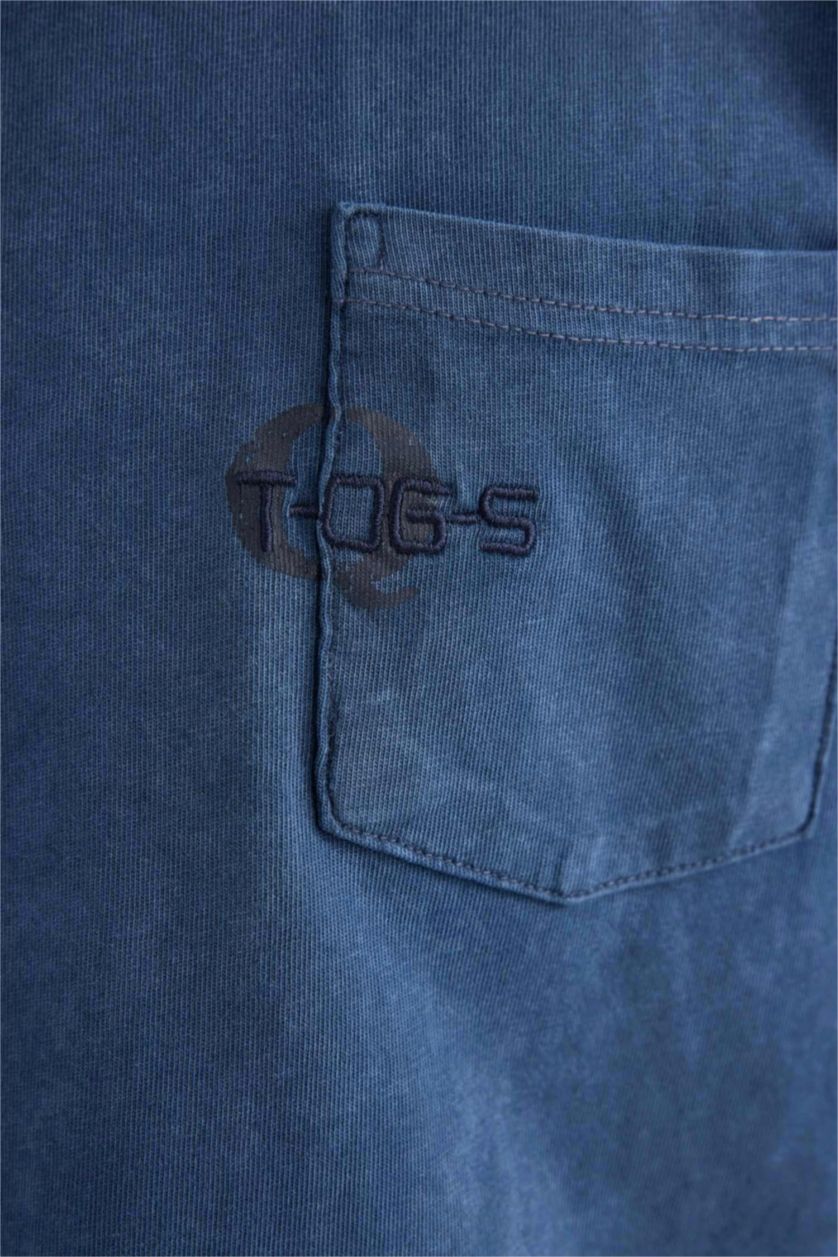 Erkek İndigo Boxy Fit Bisiklet Yaka Baskılı Kısa Kollu Tişört