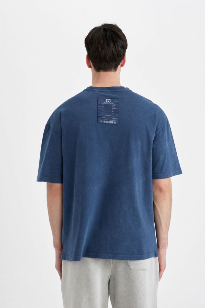 Erkek İndigo Boxy Fit Bisiklet Yaka Baskılı Kısa Kollu Tişört