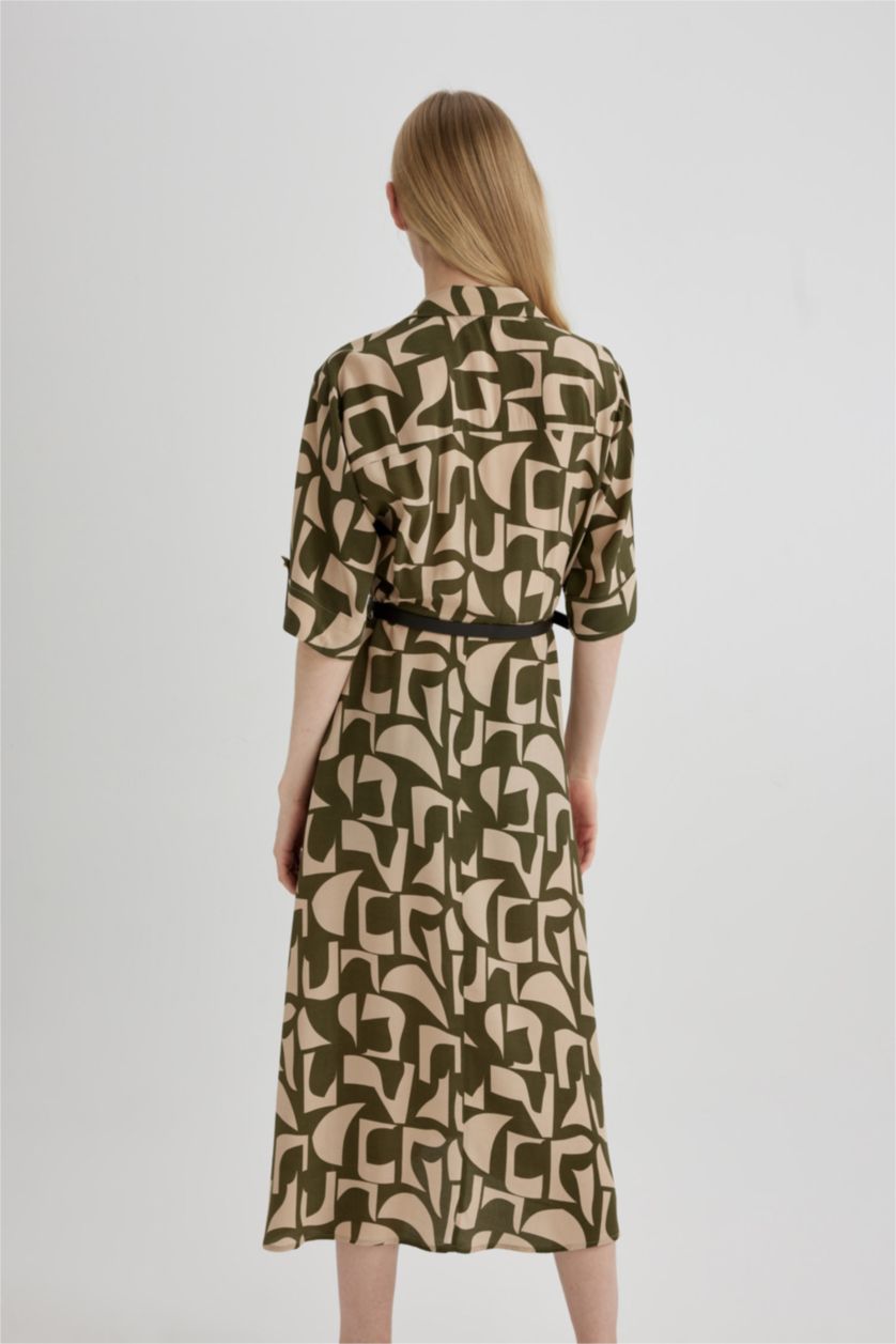 نساء كاكي غامق فستان ميدي نص ردن مطبوع بياخة قميص