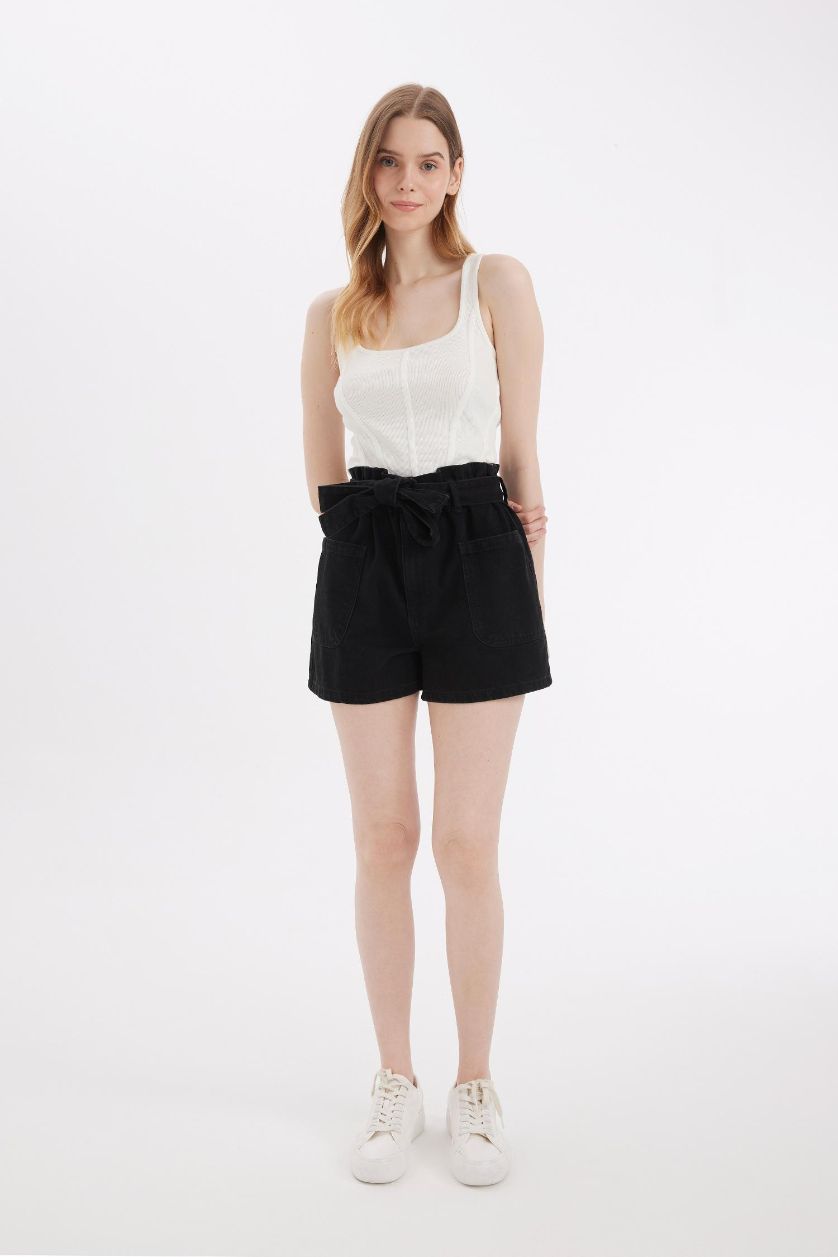 WOMAN Black Paperbag High Waist Denim Shorts