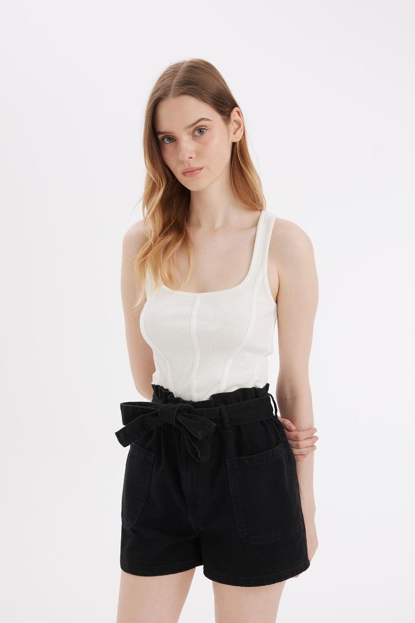 WOMAN Black Paperbag High Waist Denim Shorts