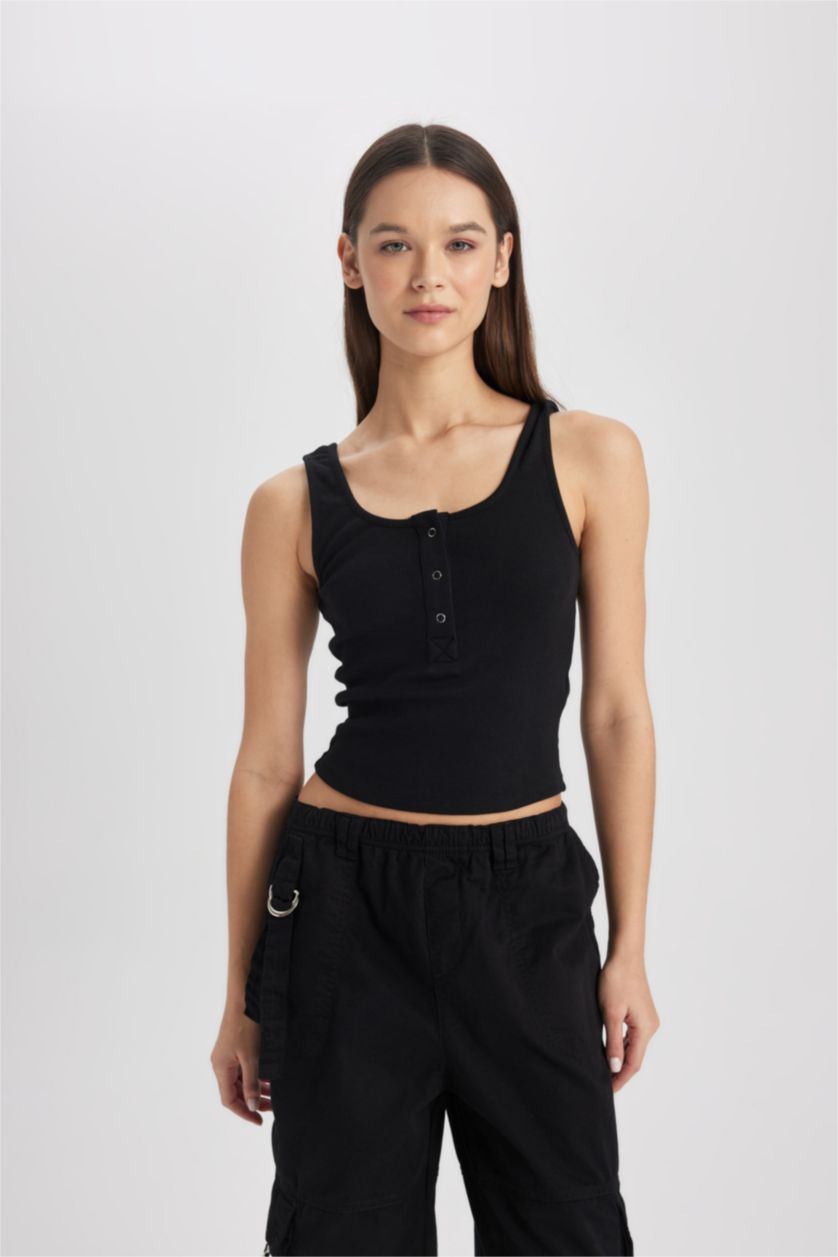 WOMAN Black Fitted U-Neck Ribbed Camisole Crop Top