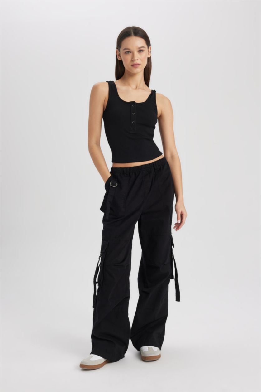WOMAN Black Fitted U-Neck Ribbed Camisole Crop Top