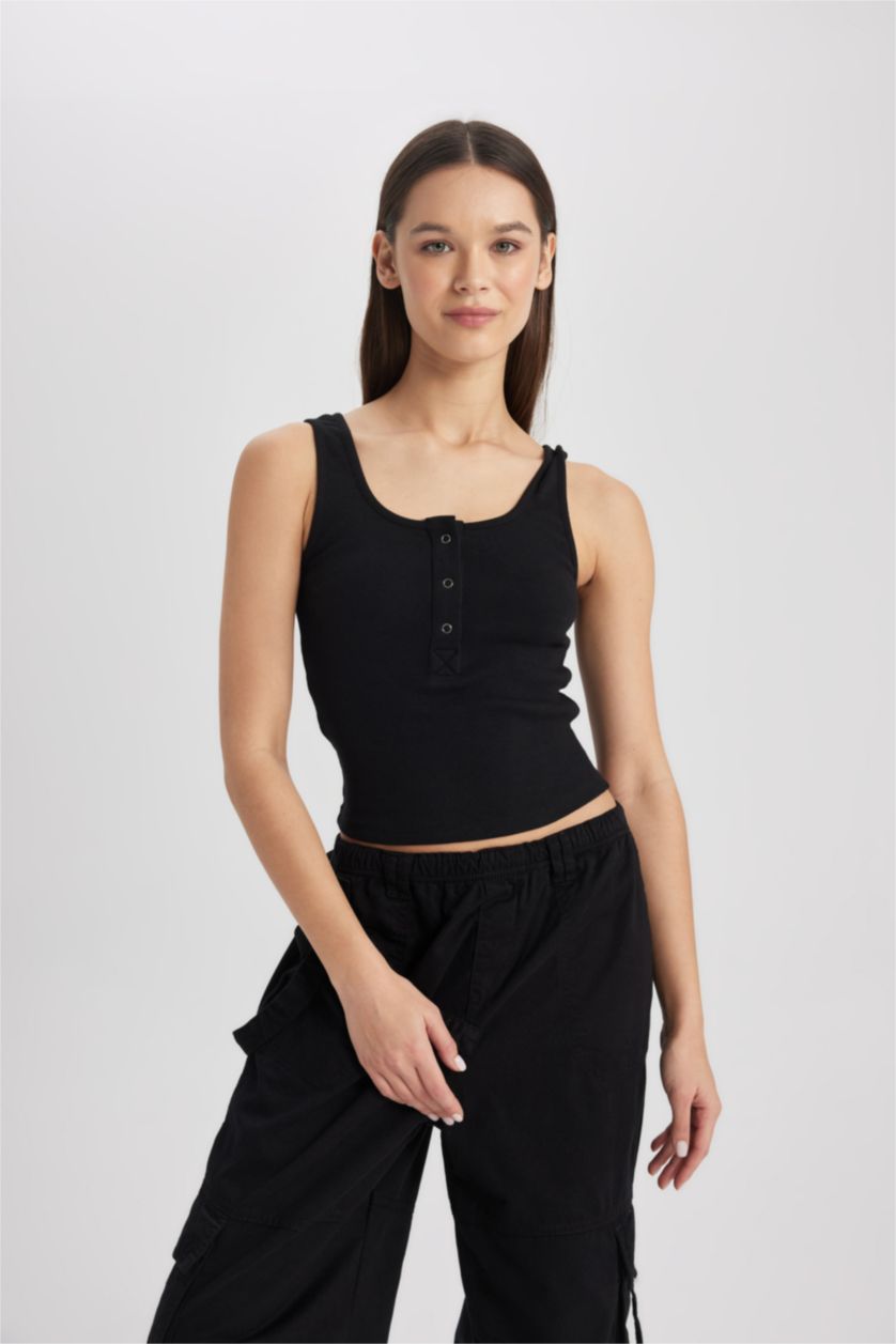 WOMAN Black Fitted U-Neck Ribbed Camisole Crop Top