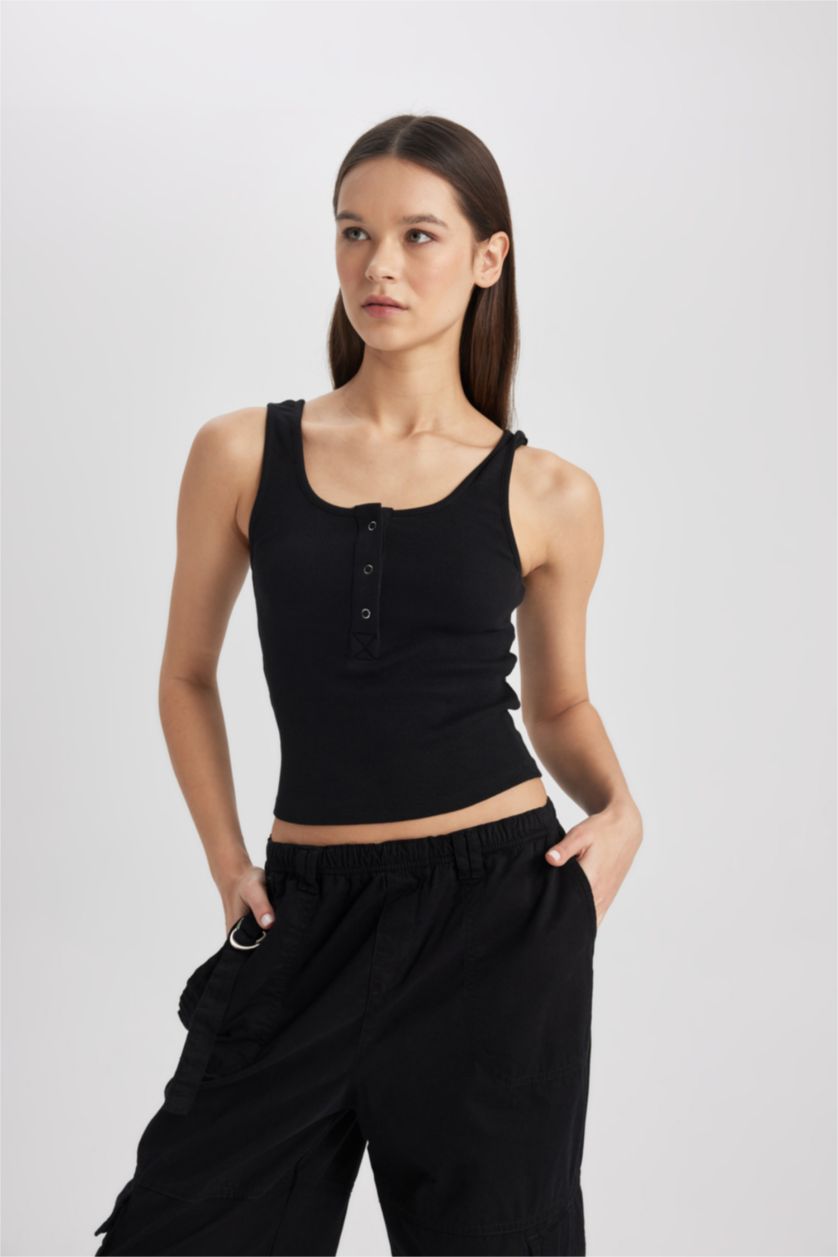 WOMAN Black Fitted U-Neck Ribbed Camisole Crop Top