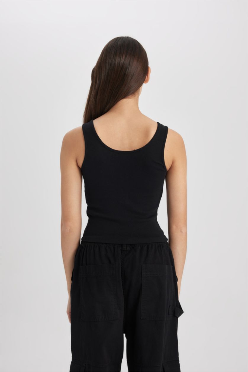 WOMAN Black Fitted U-Neck Ribbed Camisole Crop Top