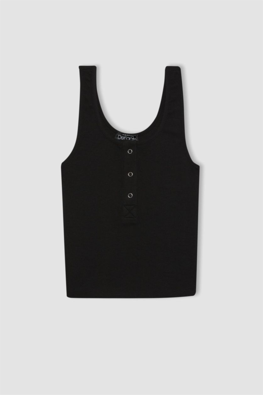 WOMAN Black Fitted U-Neck Ribbed Camisole Crop Top