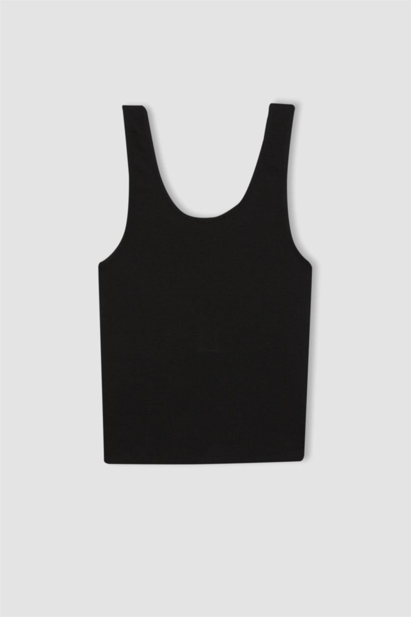 WOMAN Black Fitted U-Neck Ribbed Camisole Crop Top