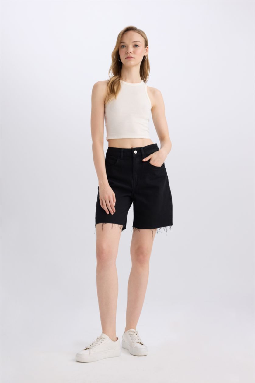 Woman Black High Waist Denim Bermuda Shorts