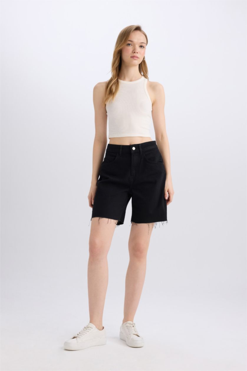 Woman Black High Waist Denim Bermuda Shorts