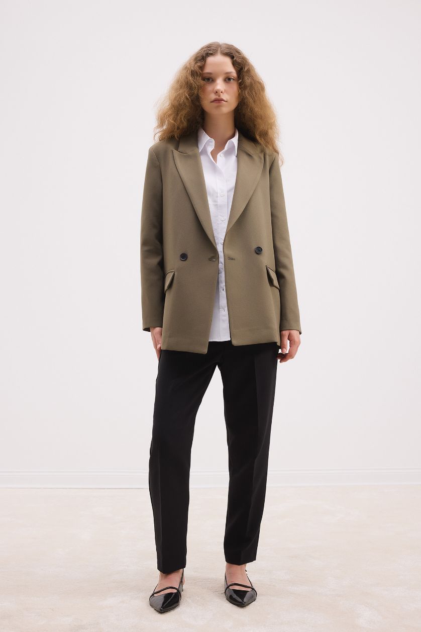 Woman Khaki Oversize Fit Button Closure Basic Blazer Jacket