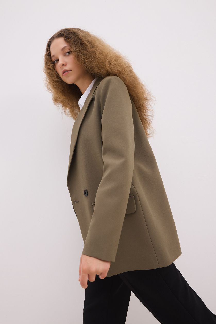 Woman Khaki Oversize Fit Button Closure Basic Blazer Jacket