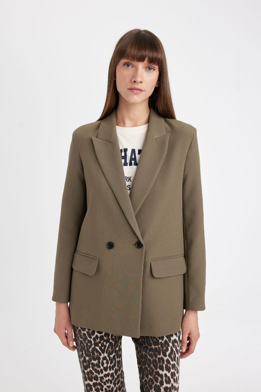 Woman Khaki Oversize Fit Button Closure Basic Blazer Jacket