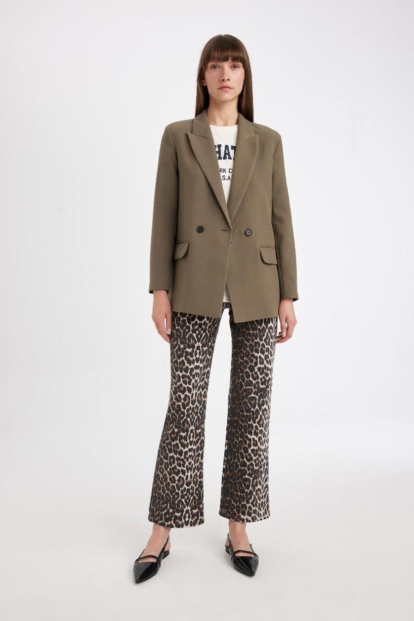 Woman Khaki Oversize Fit Button Closure Basic Blazer Jacket