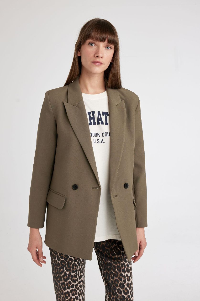 Woman Khaki Oversize Fit Button Closure Basic Blazer Jacket