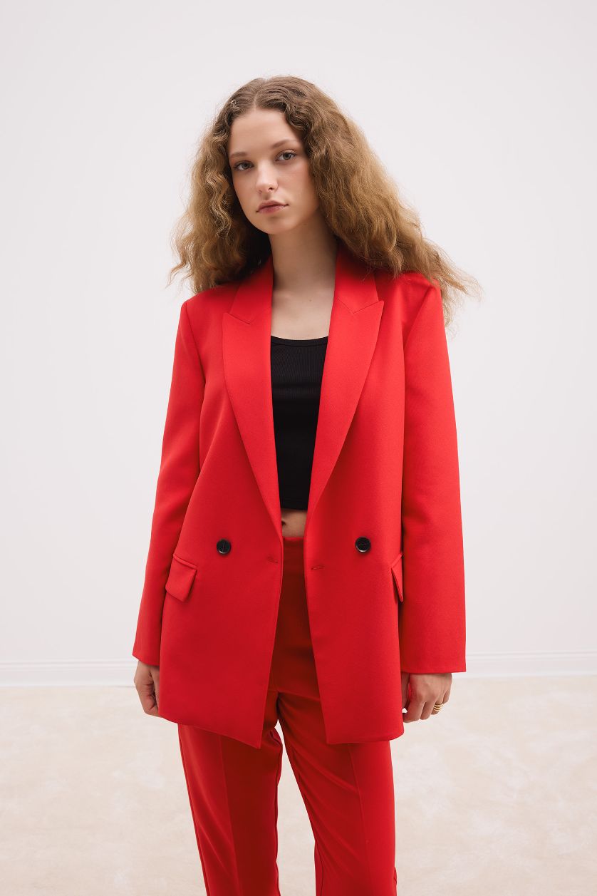 Kadın Kırmızı Oversize Geniş Kalıp Ceket Yaka Düğmeli Basic Düz Blazer Ceket