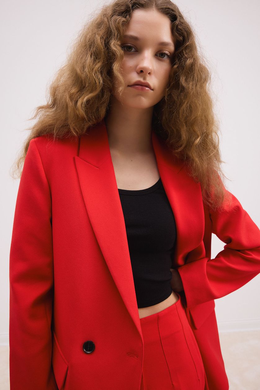 Kadın Kırmızı Oversize Geniş Kalıp Ceket Yaka Düğmeli Basic Düz Blazer Ceket