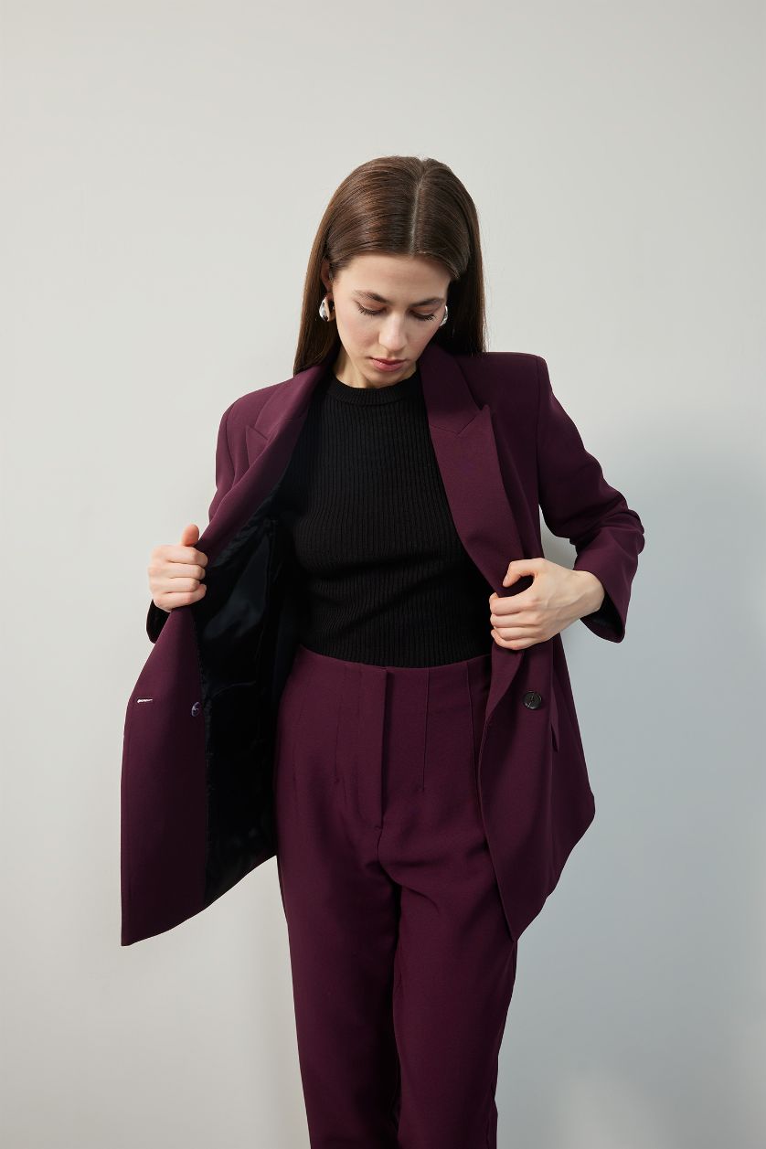 Kadın Bordo Oversize Geniş Kalıp Kruvaze Yaka Blazer Ceket