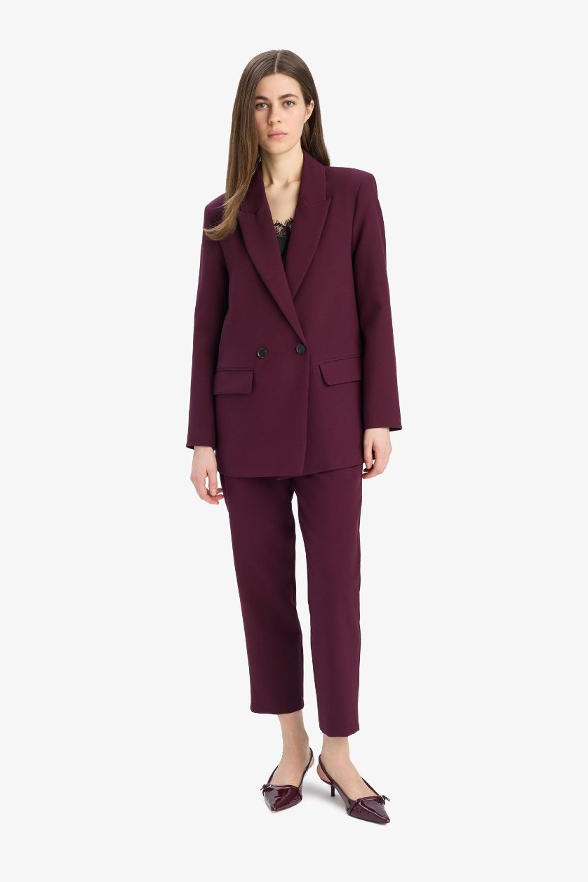 Kadın Bordo Oversize Geniş Kalıp Kruvaze Yaka Blazer Ceket