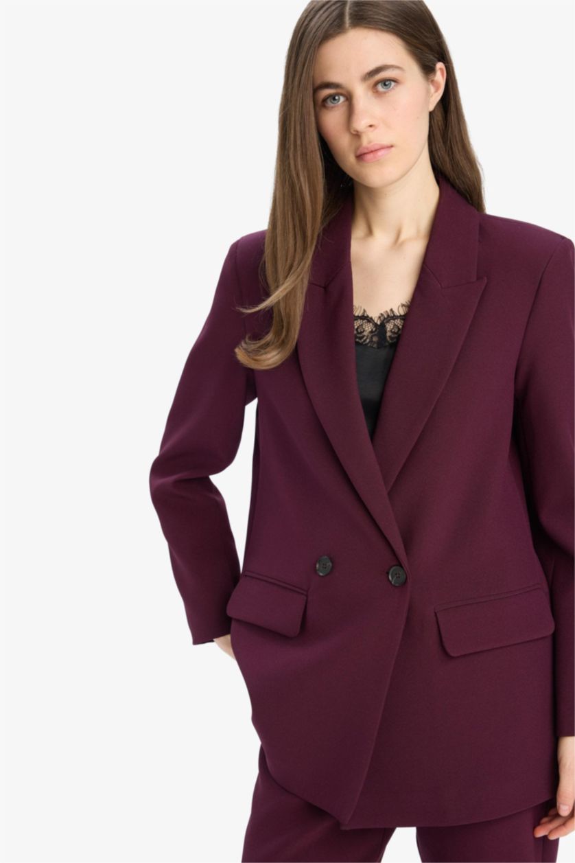 Kadın Bordo Oversize Geniş Kalıp Kruvaze Yaka Blazer Ceket
