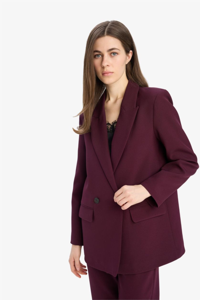 Kadın Bordo Oversize Geniş Kalıp Kruvaze Yaka Blazer Ceket