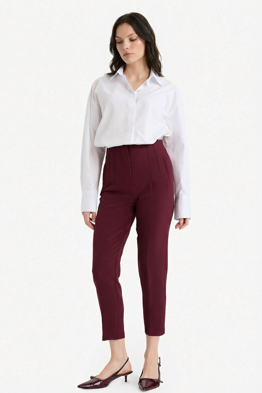 Kadın Bordo Carrot Fıt Fermuarlı Yüksek Bel Dar Paça Crop Pantolon