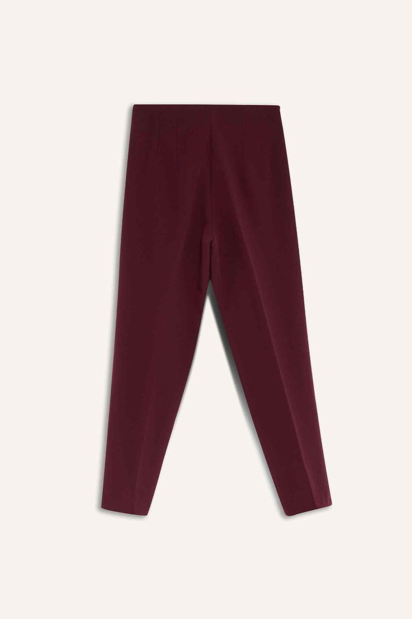 Kadın Bordo Carrot Fıt Fermuarlı Yüksek Bel Dar Paça Crop Pantolon