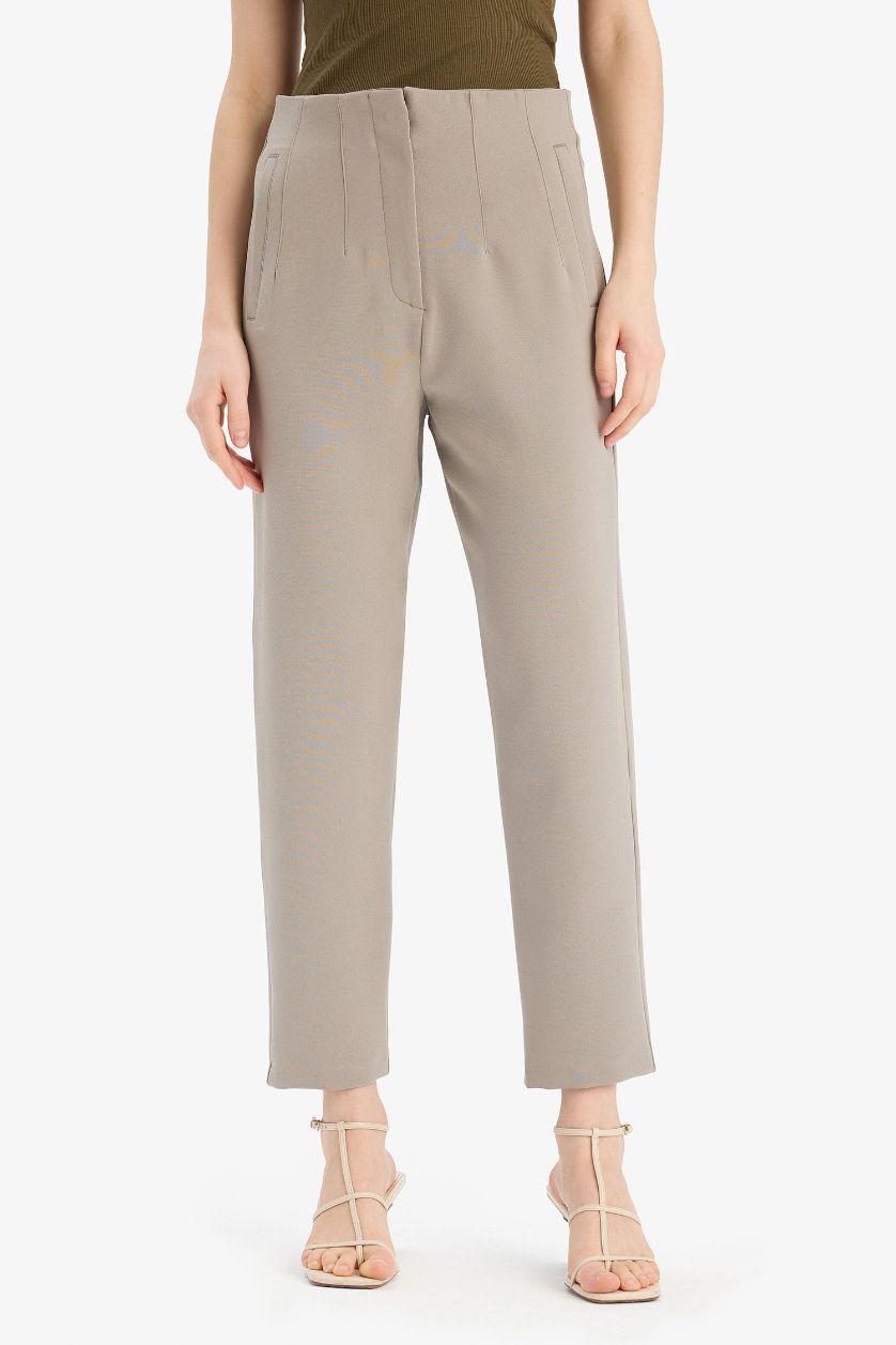 Women Light Khaki High Waist Carrot Fit Trousers