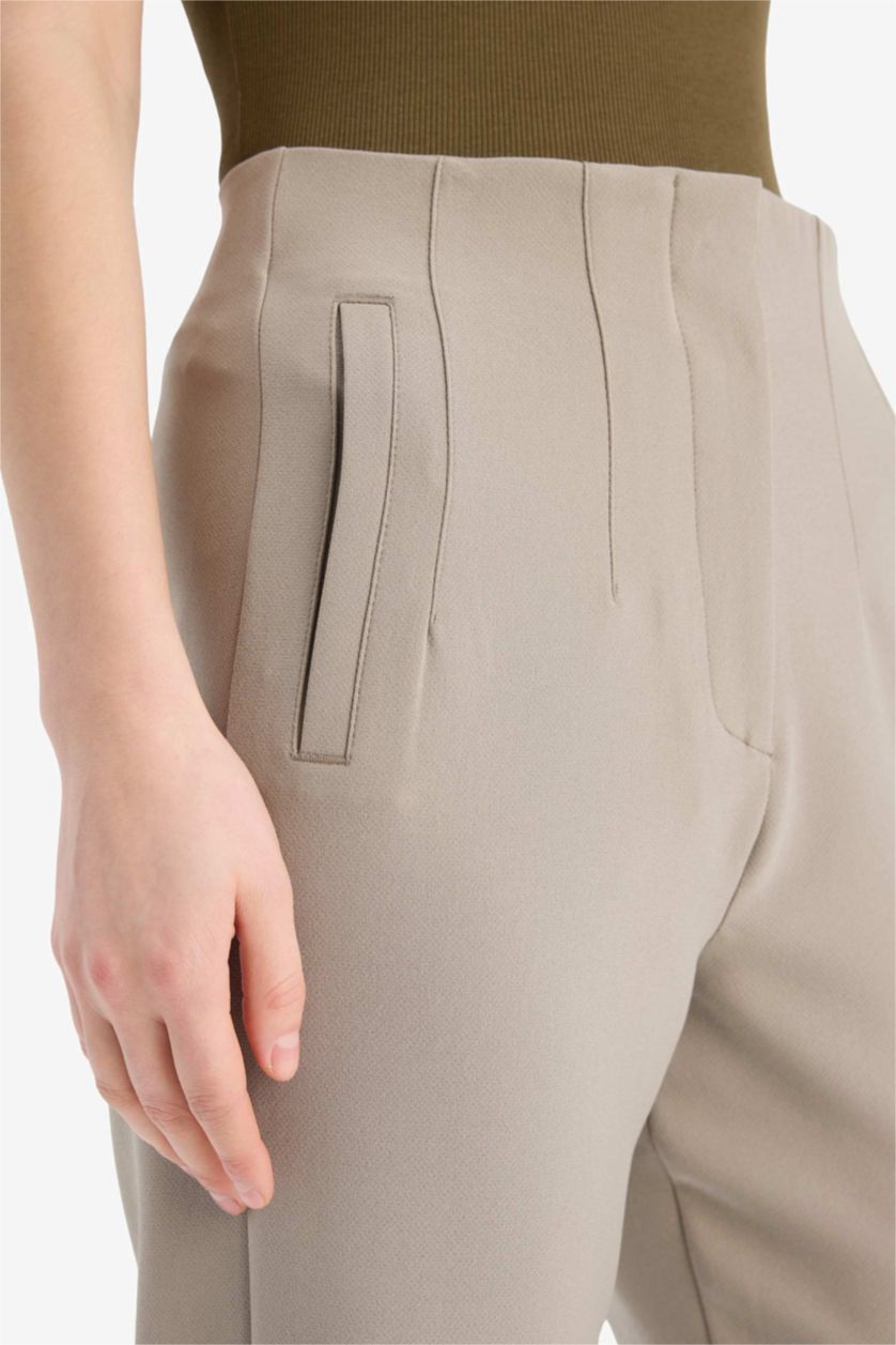 Women Light Khaki High Waist Carrot Fit Trousers