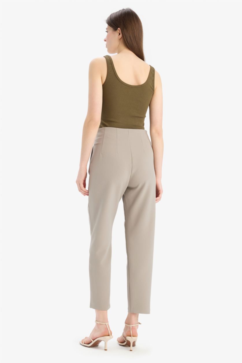 Women Light Khaki High Waist Carrot Fit Trousers