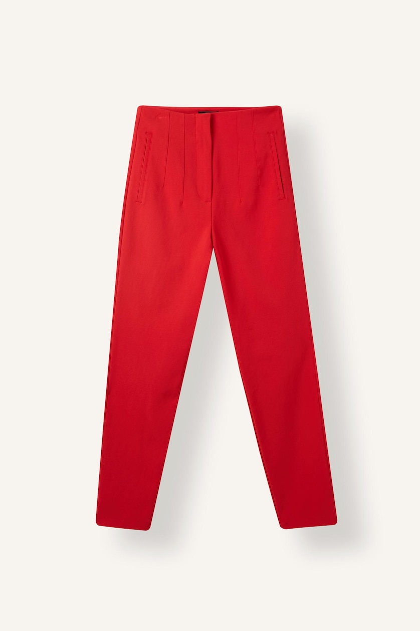 Women Red High Waist Carrot Fit Trousers