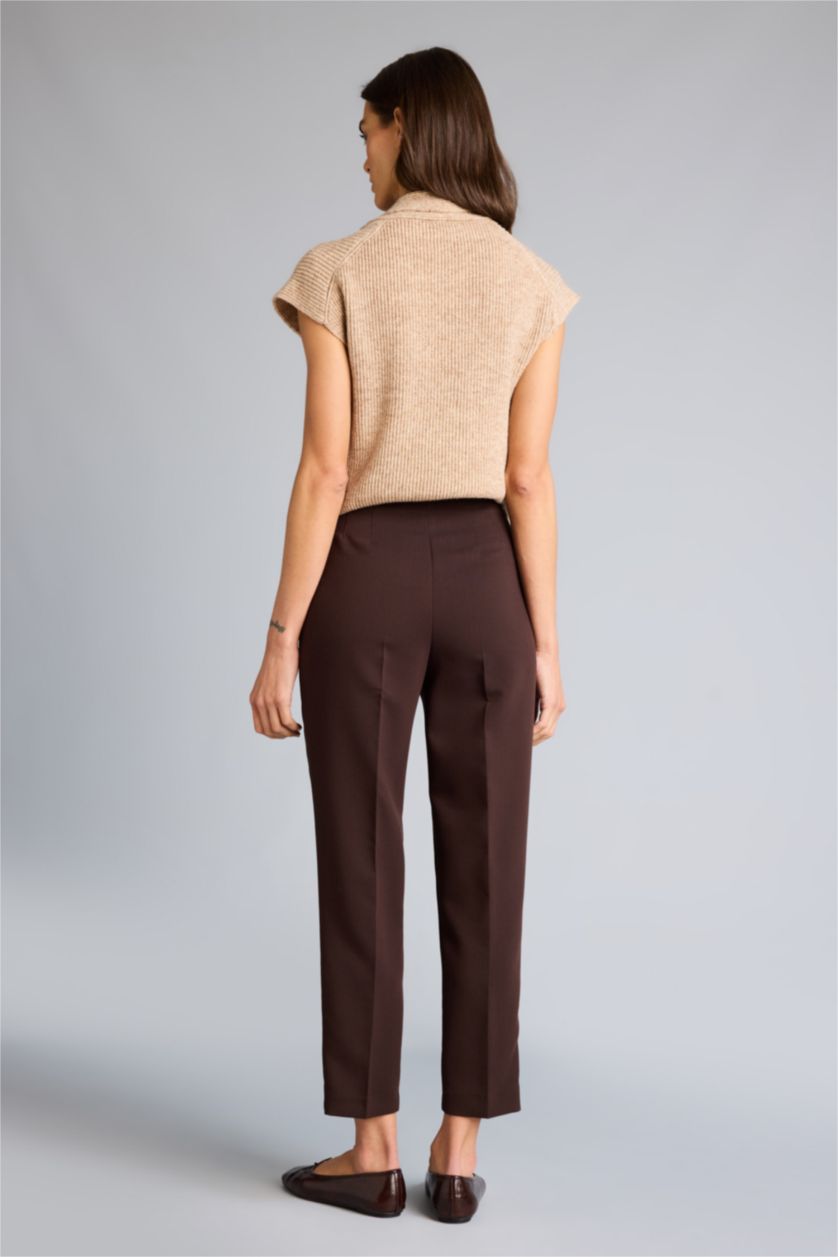 Kadın Kahve Carrot Fıt Fermuarlı Yüksek Bel Dar Paça Crop Pantolon