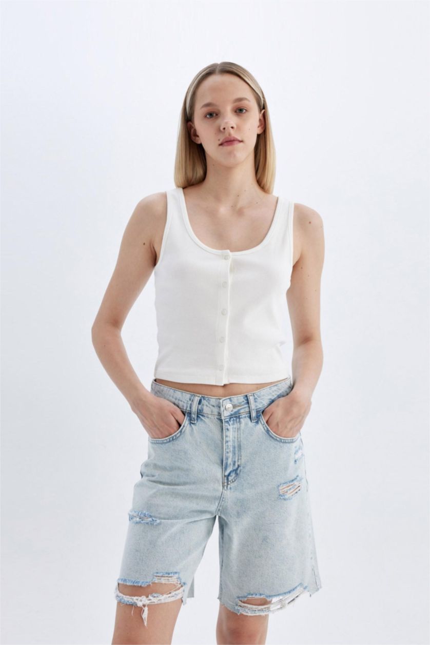 نساء أزرق فاتح برمودا جينز بخصر عادي