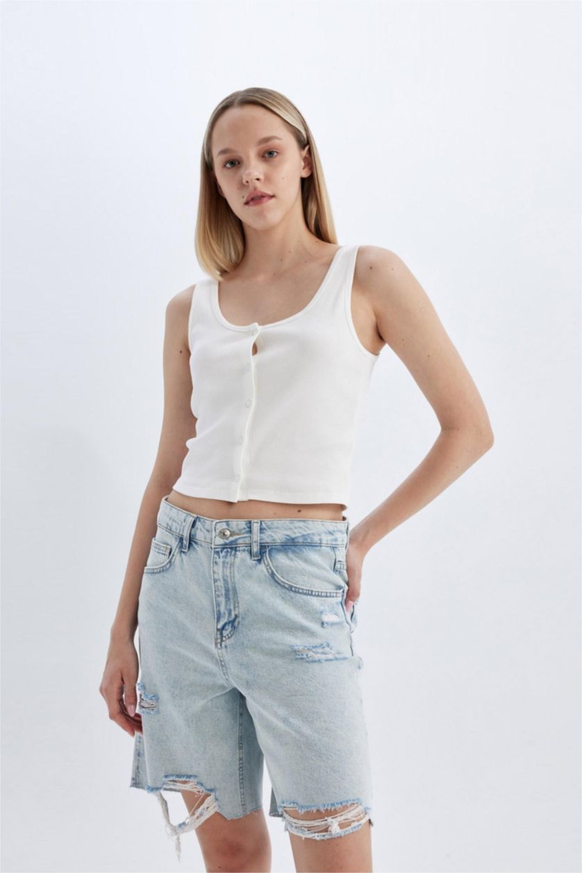 نساء أزرق فاتح برمودا جينز بخصر عادي