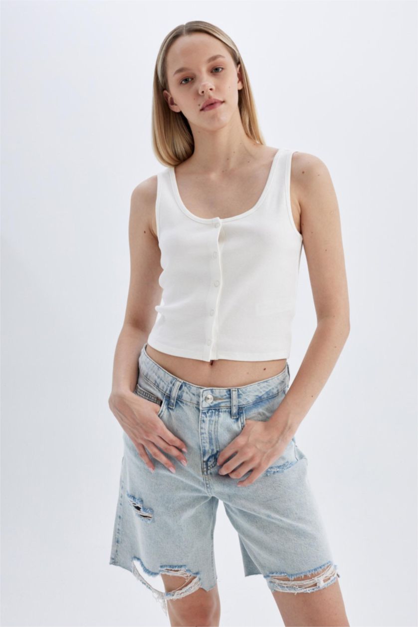 نساء أزرق فاتح برمودا جينز بخصر عادي