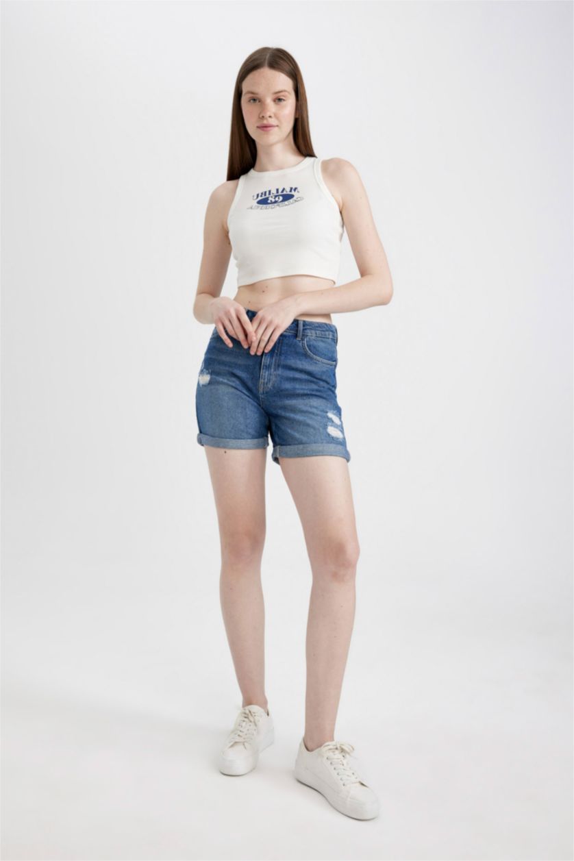 WOMAN Blue Boyfriend High Waist Denim Shorts