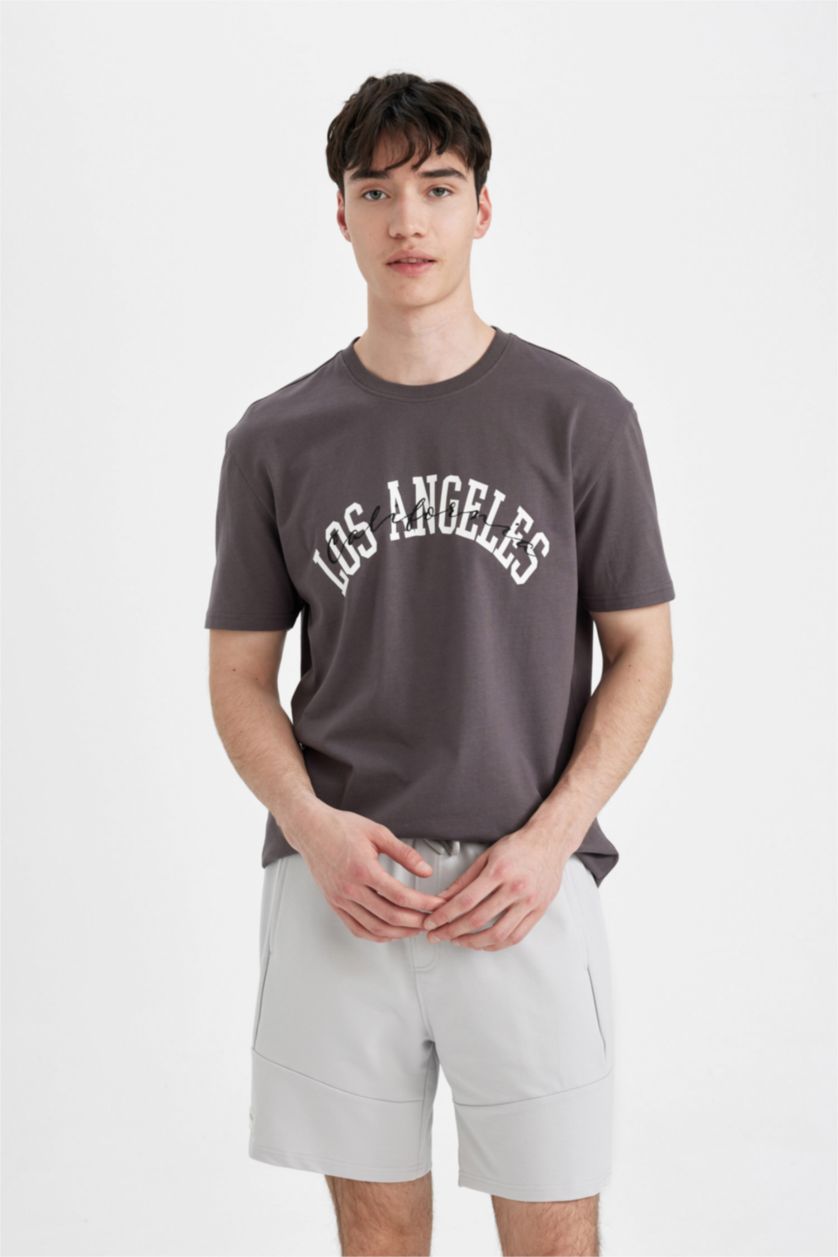 Erkek Antrasit %100 Pamuk Regular Fit Bisiklet Yaka Baskılı Kısa Kollu Tişört