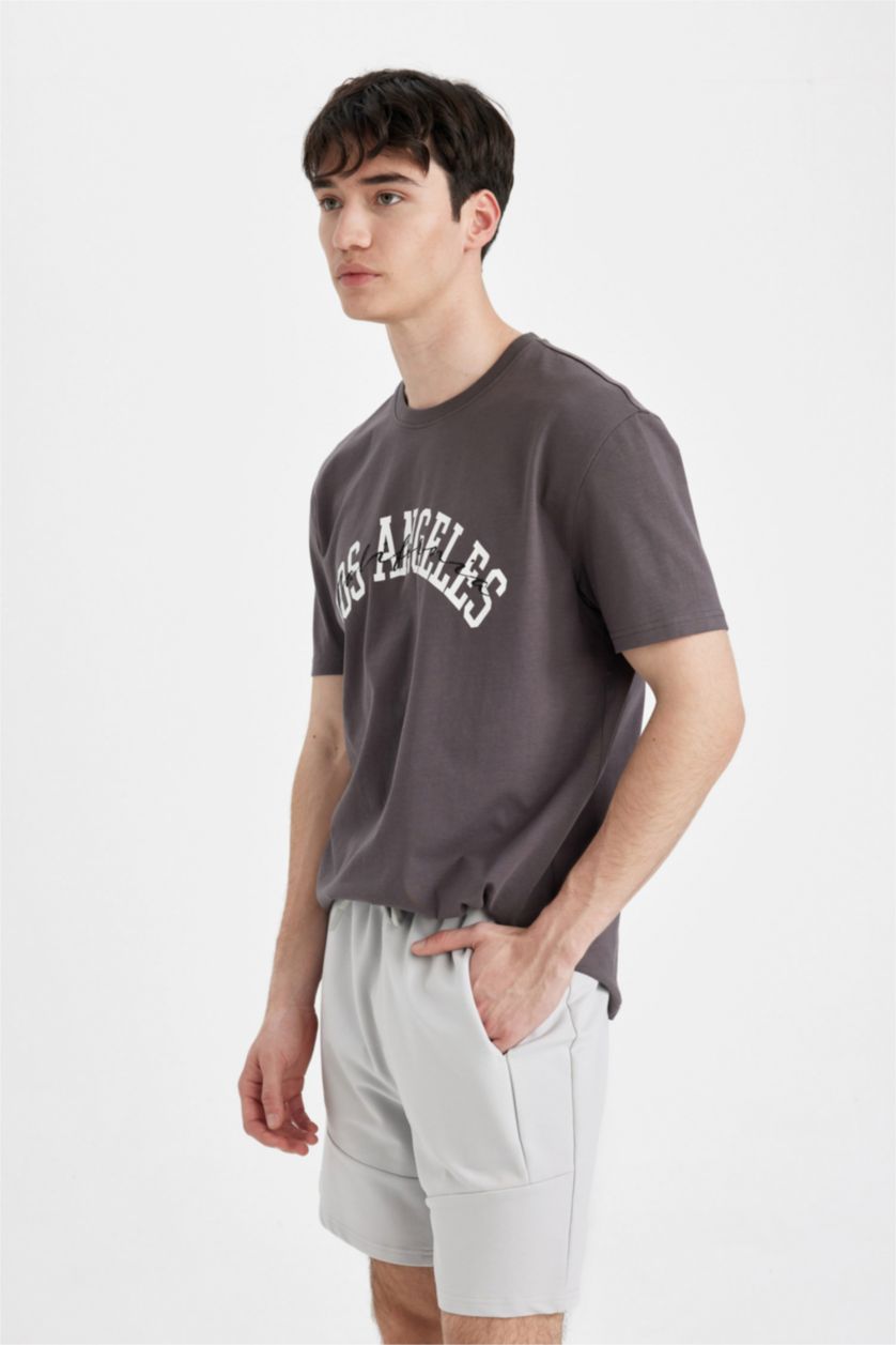 Erkek Antrasit %100 Pamuk Regular Fit Bisiklet Yaka Baskılı Kısa Kollu Tişört