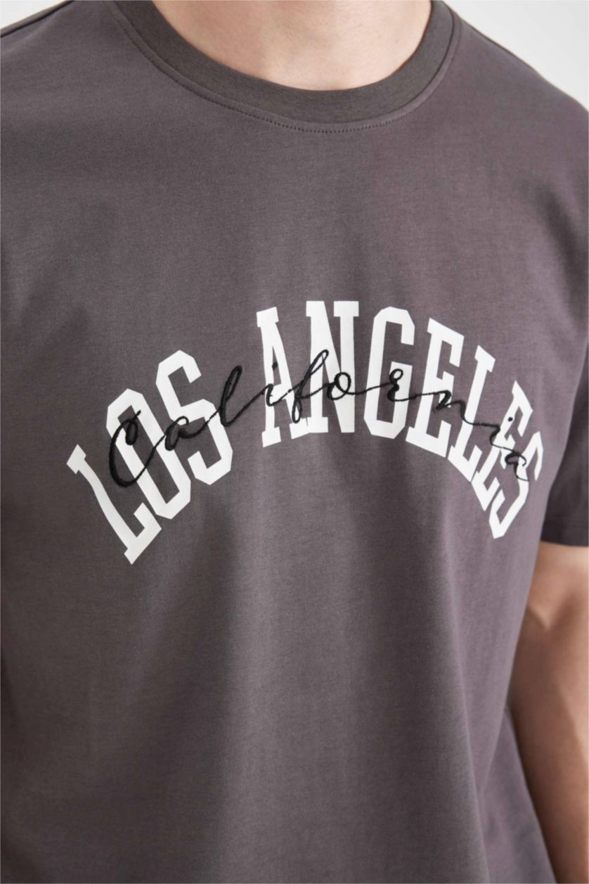 Erkek Antrasit %100 Pamuk Regular Fit Bisiklet Yaka Baskılı Kısa Kollu Tişört