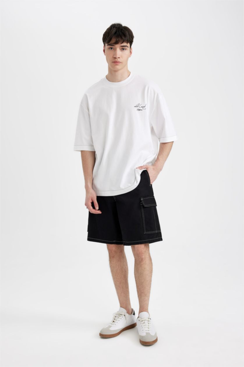 Erkek Beyaz %100 Pamuk Loose Fit Bisiklet Yaka Sırt Baskılı Kısa Kollu Tişört