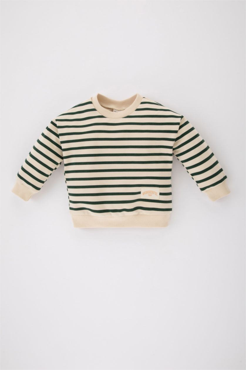 Erkek Bebek Açık Taş Erkek Bebek Bisiklet Yaka Çizgili Sweatshirt