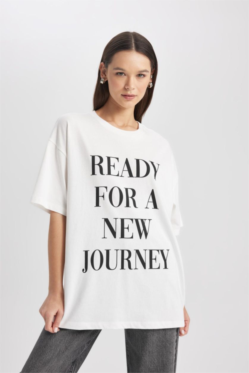 WOMAN White Oversize Fit  Crew Neck Printed T-Shirt
