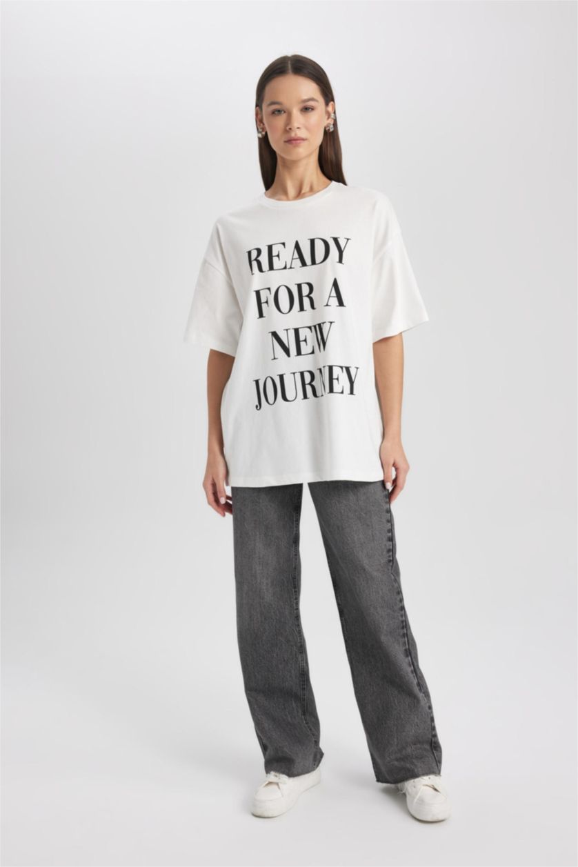 WOMAN White Oversize Fit  Crew Neck Printed T-Shirt