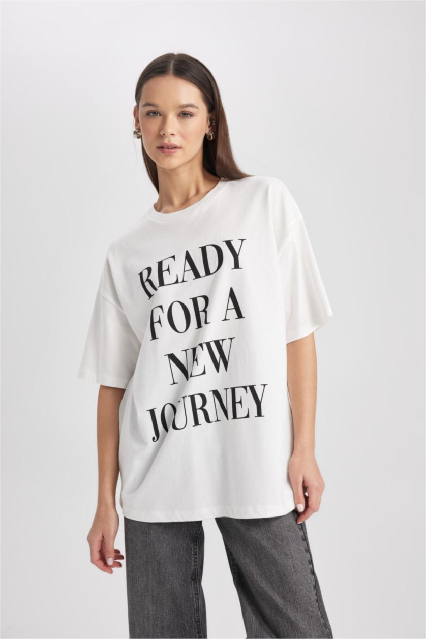 WOMAN White Oversize Fit  Crew Neck Printed T-Shirt