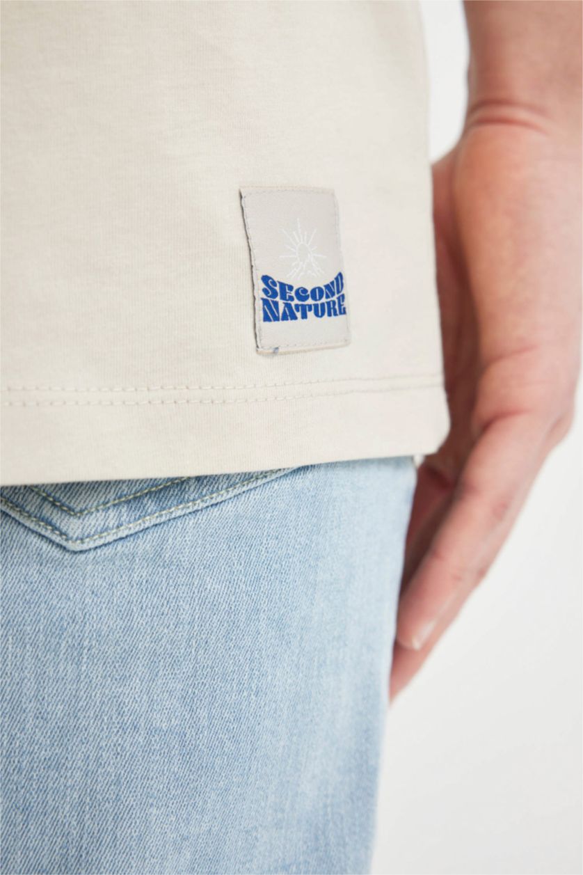 Erkek Kum %100 Pamuk Comfort Regular Fit Rahat Kalıp Bisiklet Yaka Baskılı Kısa Kollu Tişört