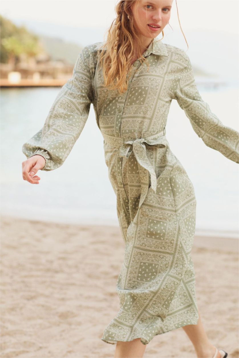 Kadın Açık Haki Gömlek Yaka Desenli Aerobin Uzun Kollu Kuşaklı Midi Elbise